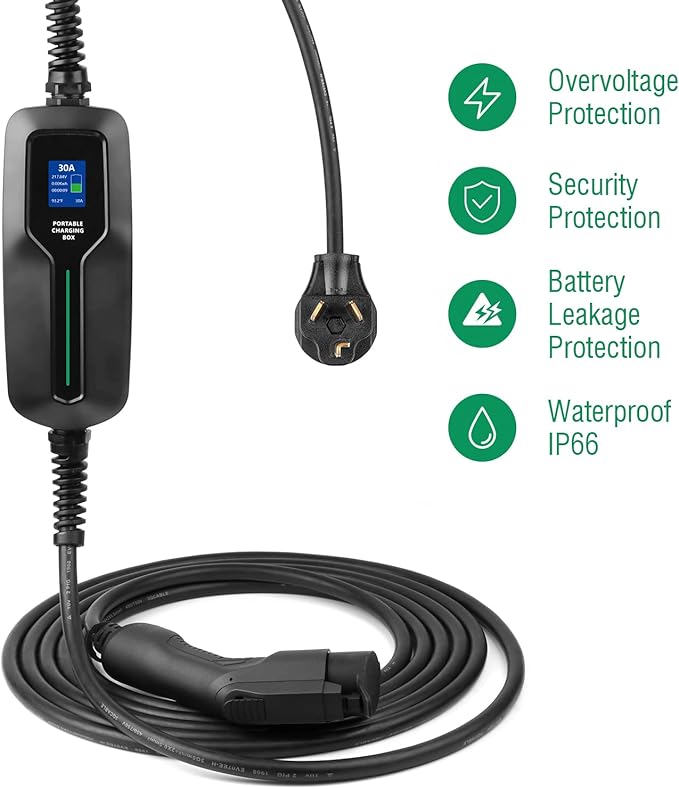 EV Charger Level 2,(NEMA 10-30, 30A/25ft,6.6KW) Portable Electric Vehicle Charging Station for Electric and Hybrid Vehicles
