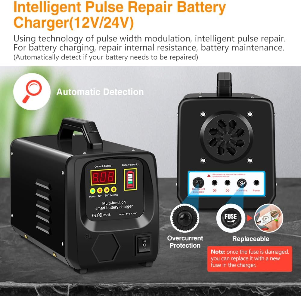 Outerman Car Battery Charger,24V/12V Fully-Automatic Battery Charger for Lead-Acid Batteries,Fast Charging Battery Maintainer/Trickle Charger/Battery Desulfator,for Large Capacity: 6~300AH