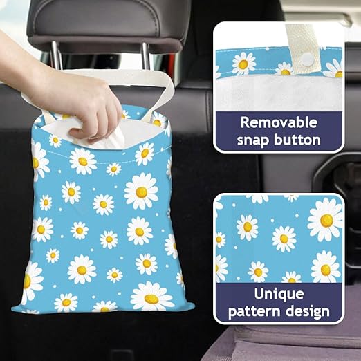 Daisy Flower Print Car Trash Bag Hanging Garbage Bag with Snap Buttons Car-Back Seat Trash Storage Portable Dustbin for Men Women Car Interior Accessories Travel Camping