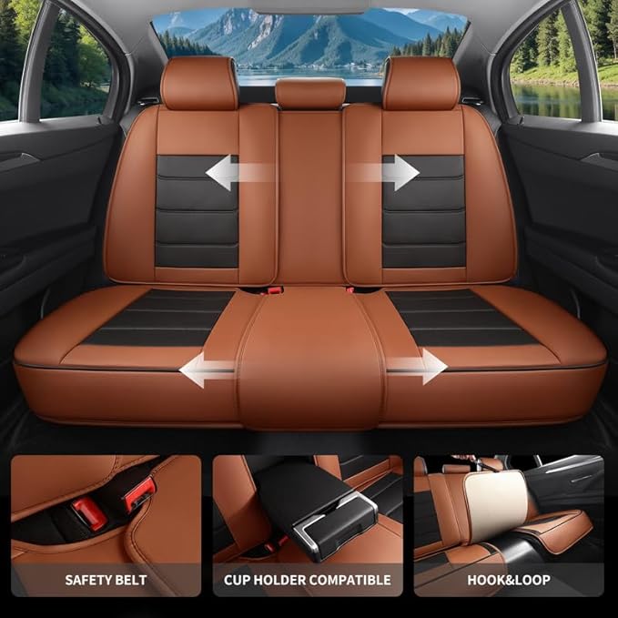 Car Seat Covers Full Set Custom Fit for Saturn Aura 2006-2009-Luxury Leather with Lumbar Support, Breathable, Waterproof, Anti-Slip, Durable, Easy to Install (BlackBrown,Full Set)