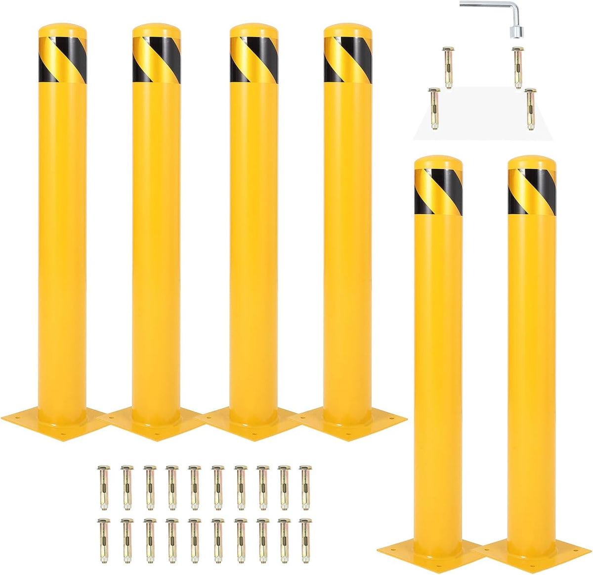 4.5x48 Inch Safety Bollard Post - Yellow Steel Bollard with Anchor Bolts (2-Pack) for Parking Lots, Walkways & Traffic Areas