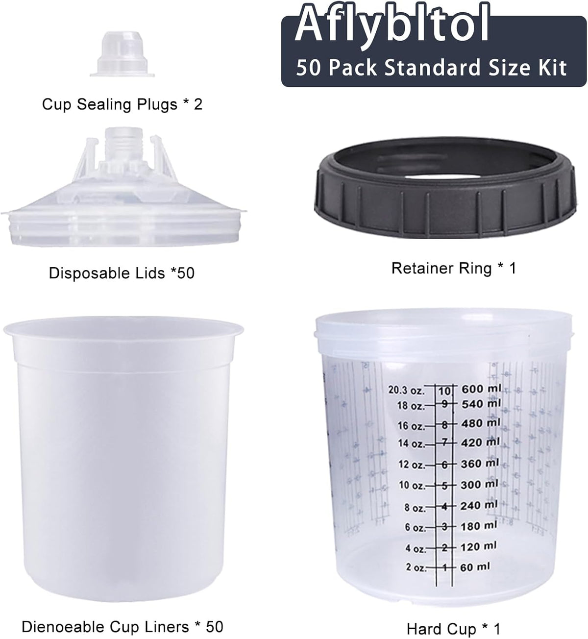 Disposable Paint Sprayer Mixing Cup for Automotive Paint Gun, HVLP Paint Spray Paint Gun 20 Ounce (600ml) Kit with 50 Cups and Lids System, 1 Hard Cup with Retainer Ring and 10 Plugs