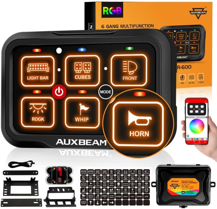 Auxbeam 6 Gang Switch Panel Bluetooth RGB AR-600 with Toggle Momentary Pulsed Modes Multifunctional Switch pod with Manual and Automatic Backlit Control Boat Switch Panel for Truck Car ATV Waterproof