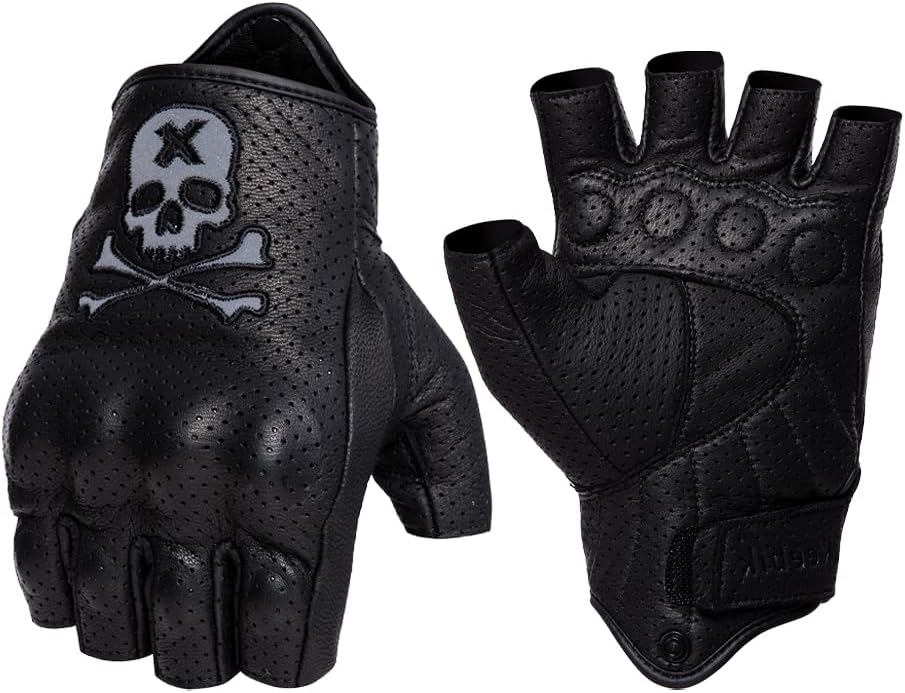 Goatskin Leather Motorcycle Motorbike Powersports Racing Gloves Reflective Skull Touchscreen for Men and Women Model