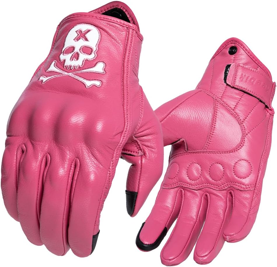 Goatskin Leather Motorcycle Motorbike Powersports Racing Gloves Reflective Skull Touchscreen for Men and Women Model