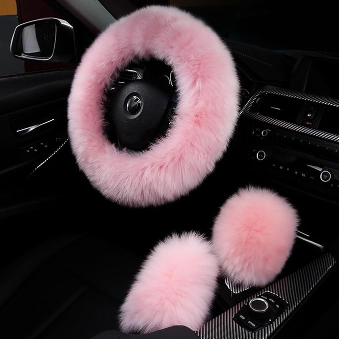 3Pcs Set Fashion Fluffy Fuzzy Wool Fur Soft Car Steering Wheel Cover with Handbrake Cover & Gear Shift Cover for Women/Girls/Ladies Auto Long Wool Accessories, Pink