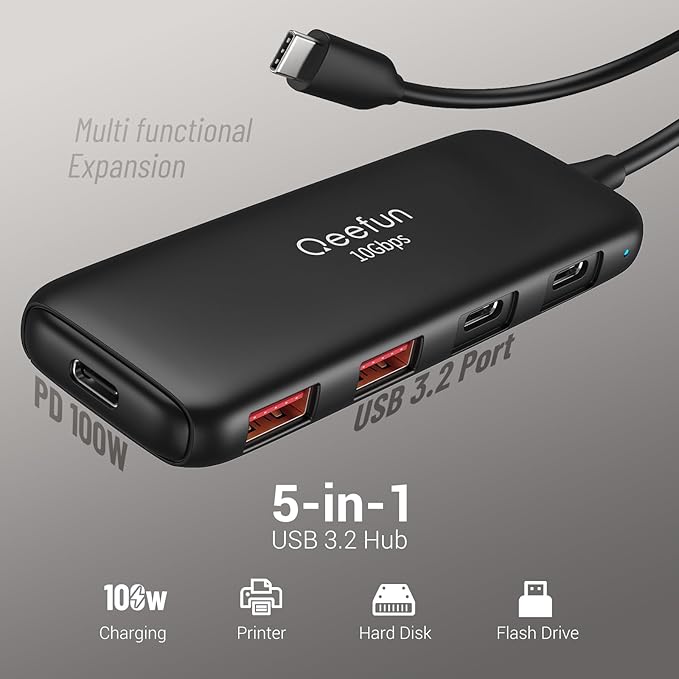 Qeefun USB C Hub 10Gbps, USB 3.2 Hub with 2 USB-C and 2 USB-A Ports, USB 3.2 Gen 2 Splitter with 100W Power Charging Port, USB Port Extender for iPhone, MacBook Air/Pro, Laptops, iPad Pro and More