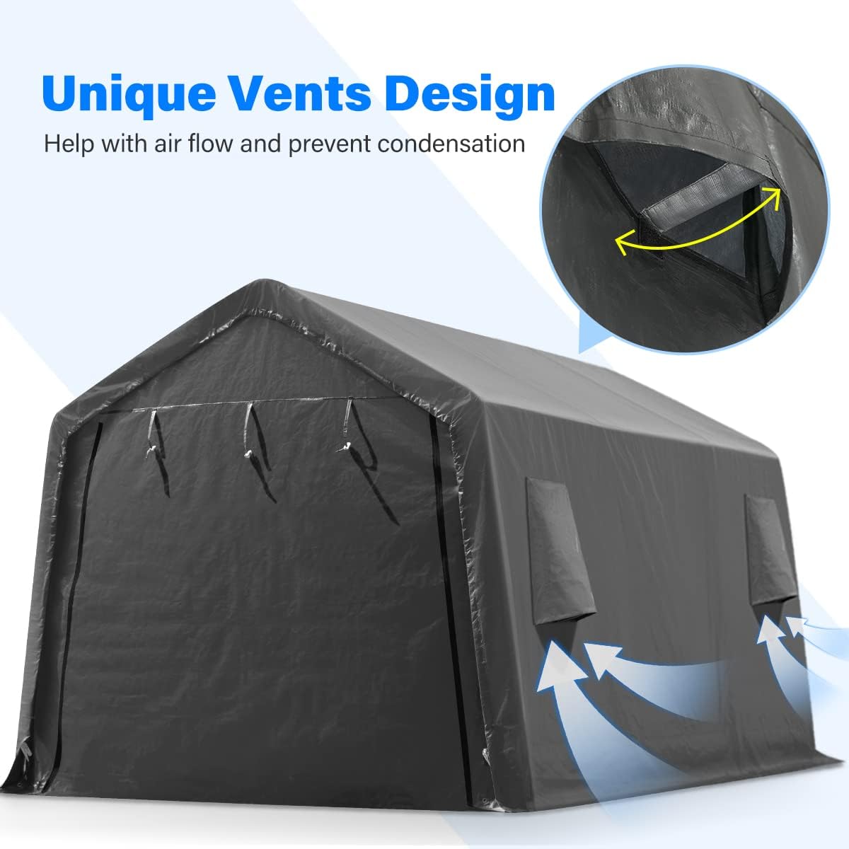 ADVANCE OUTDOOR 10X15 ft Garage Shelter Steel Metal Peak Roof Portable Storage Shed Carport for Motorcycle Boat, or Garden Tools with 2 Roll up Doors & Vents, Gray