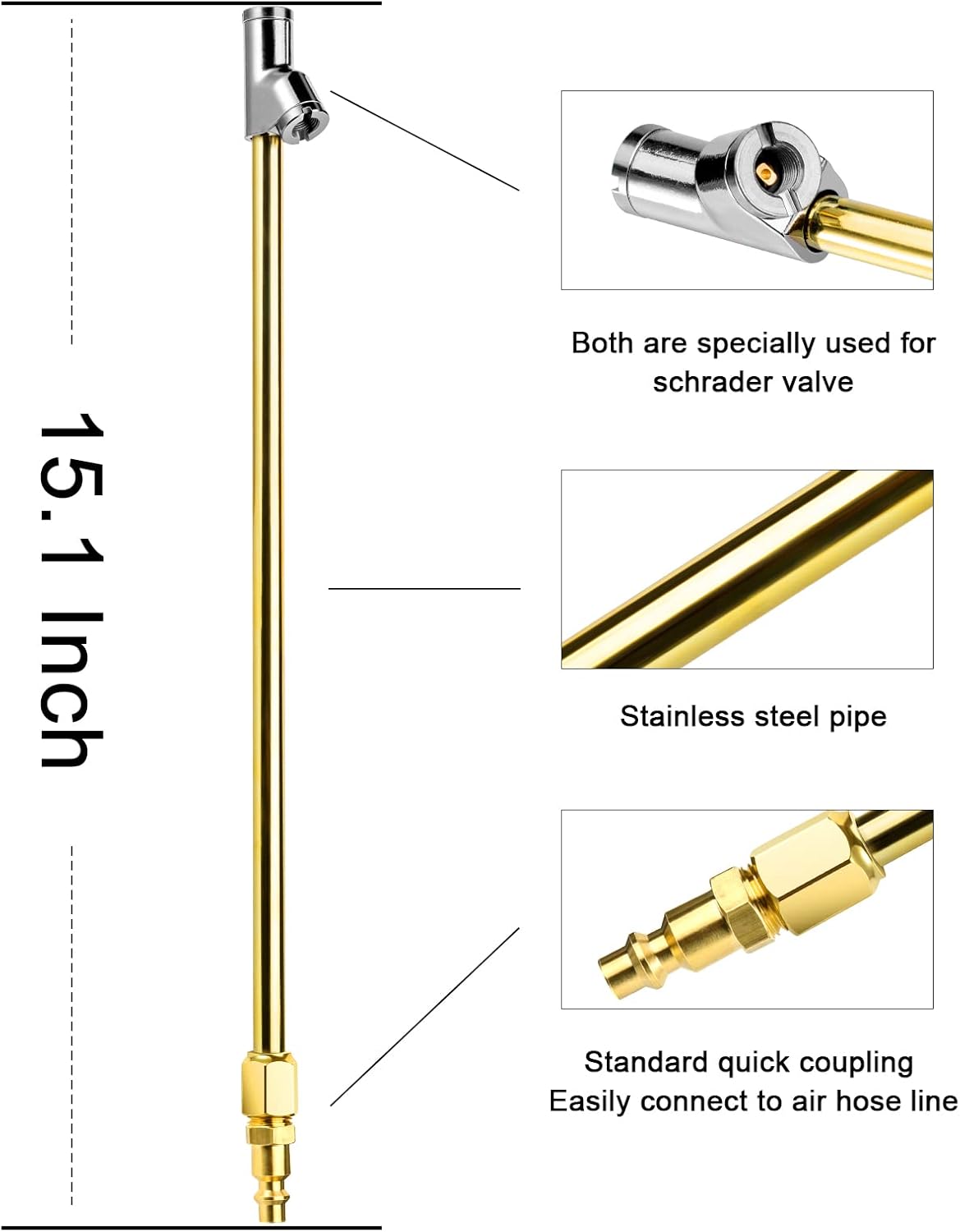2-Way Connection 13.8" Extended Air Chuck Set, 1/4 in FNPT Straight Foot Dual Head Tire Inflate Chuck with Standard Brass Quick Plug, Tire Air Compressor Fill Kit for Truck RV Dually Tires