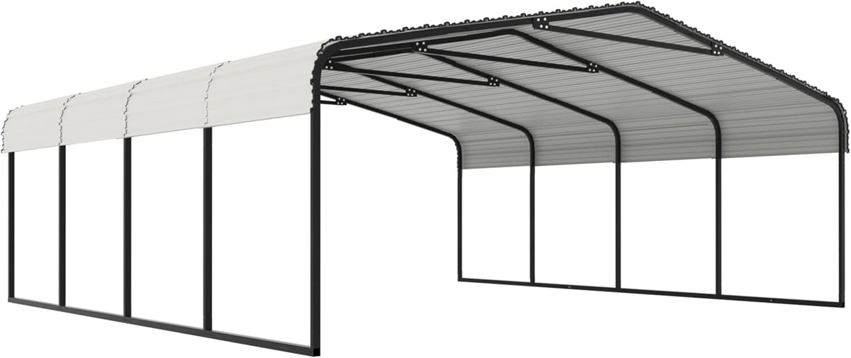 20x20 FT Carport with Metal Roof, Heavy Duty Metal Carport Canopy, Garage Car Shelter Shade for Outdoor, Car, Truck, Eggshell