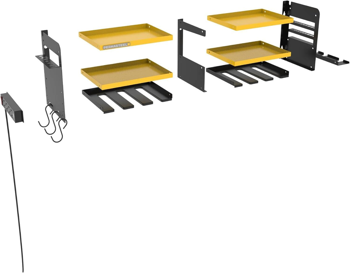 Permasteel Power Tool Organizer Wall Mount - 150 Lbs Load 3-Layer Heavy Duty Metal Storage Rack with Charging Station, Holds 6 Drills, 9 Hand Tools and 16 drill bits for Garage and Workshop, Yellow