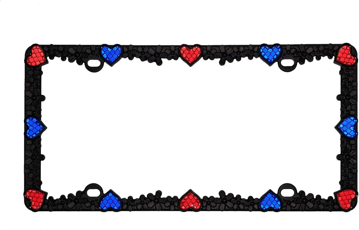 Creathome 3D Daisy Heart License Plate Frame from Pure Zinc Alloy Metal Perfect Plate Holder, Matt Black Daisy with Red and Blue Reflective Heart