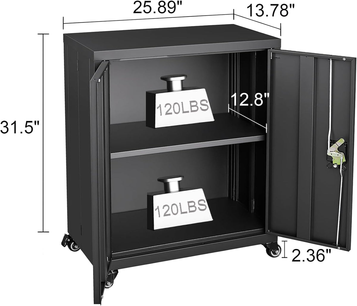 GREATMEET Garage Cabinets with Wheels, Black Garage Storage Cabinets with Doors and Adjustable Shelves，Rolling Lockable Metal Garage Storage Cabinets for Home Office Utility Room