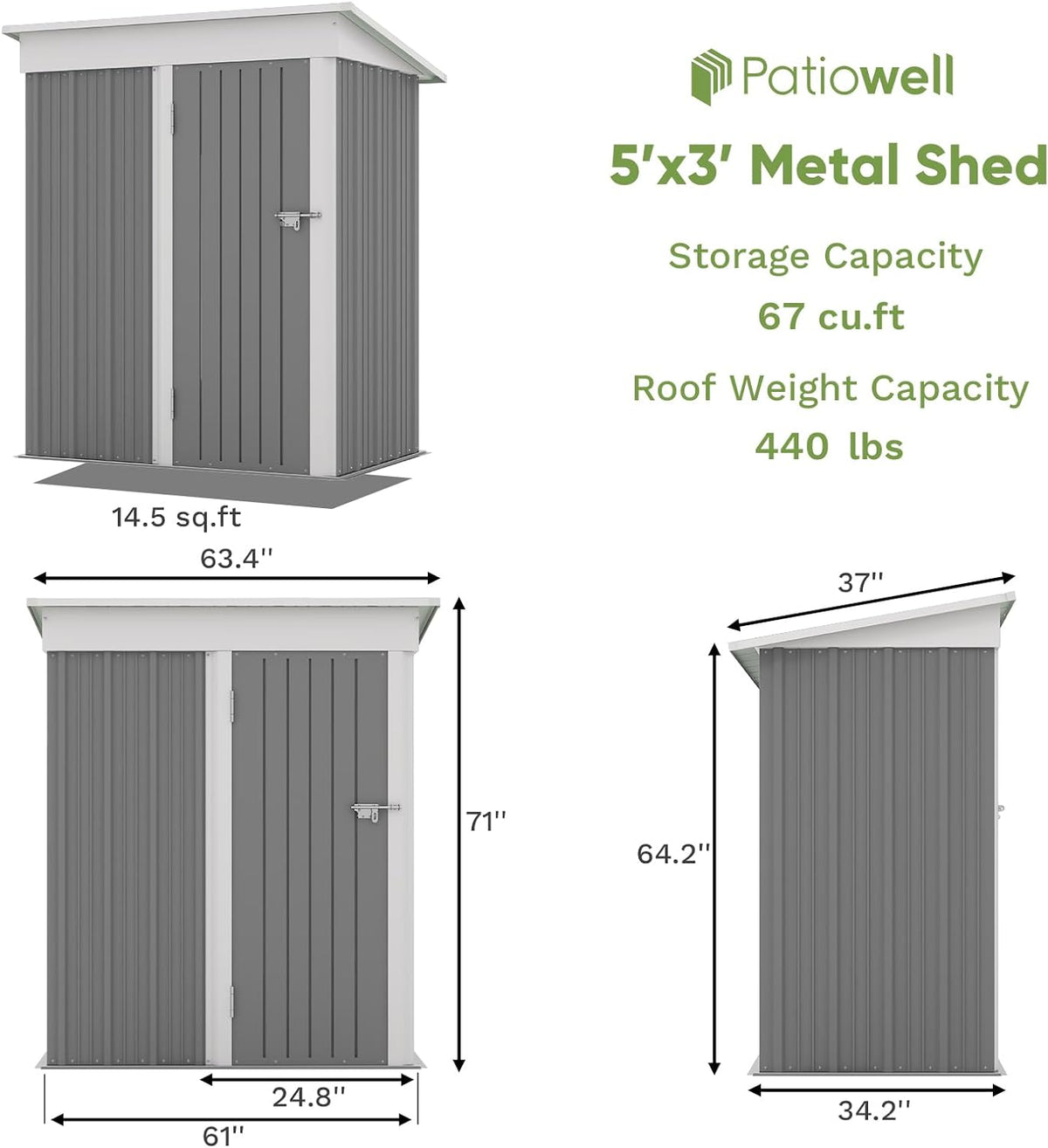 Patiowell 5x3 FT Outdoor Storage Shed, Garden Tool Shed with Sloping Roof and Lockable Door, Metal Shed for Backyard Garden Patio Lawn, Gray