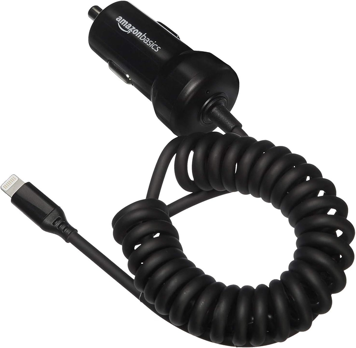 Amazon Basics 12W (5V, 2.4A) Fast Charging Car Charger with Coiled Lightning Cable for iPhone, iPad and Apple Devices, 1.5 ft - Black