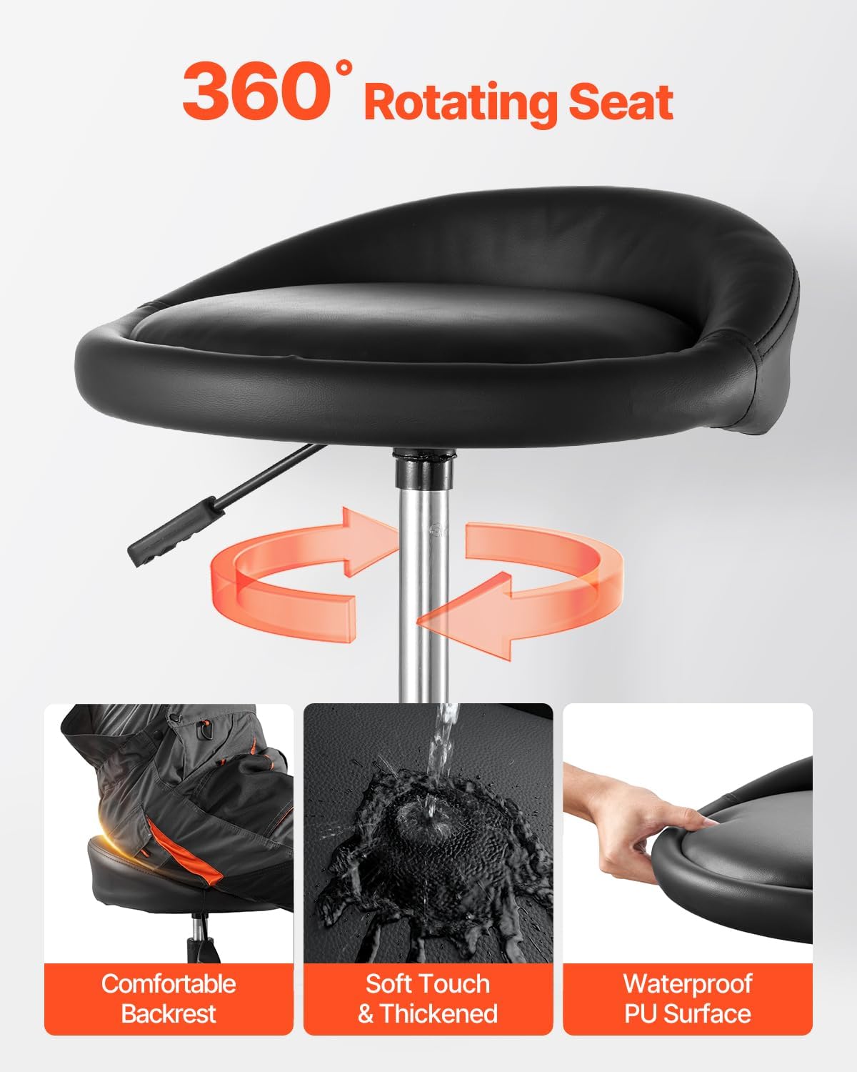 VEVOR Industrial Black Pneumatic Garage Seat/Work Stool with 300 lbs Capacity, Adjustable Height Roller Creeper Seat, 360 Swivel Padded Workshop Stool with Casters, for Garage, Shop & Auto Repair