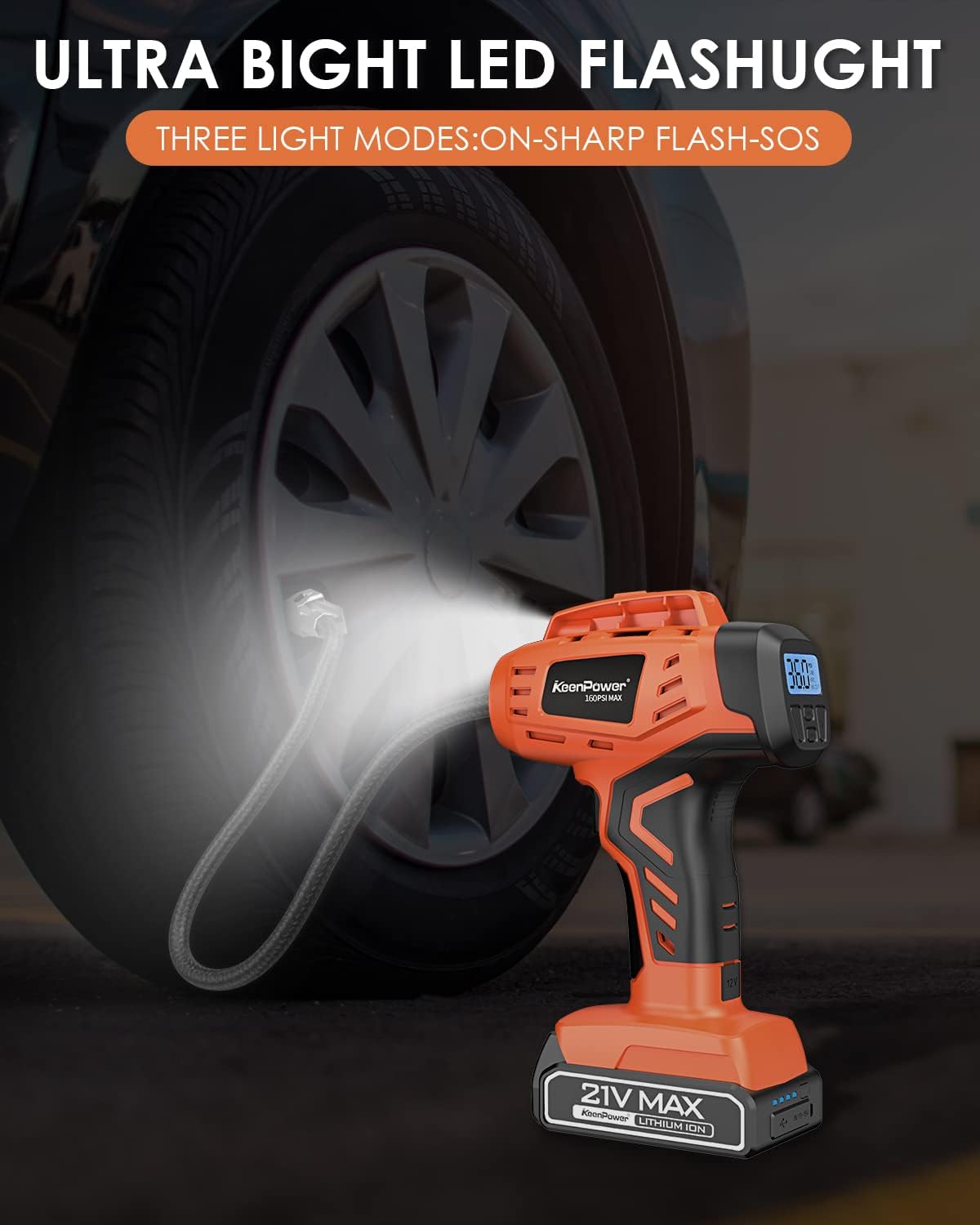 Tire Inflator Air Compressor, 21V Cordless Car Tire Pump with Rechargeable Li-ion Battery, 12V Car Power Adapter, Digital Pressure Gauge, Suitable for Cars E-bikes Balls Motorcycles