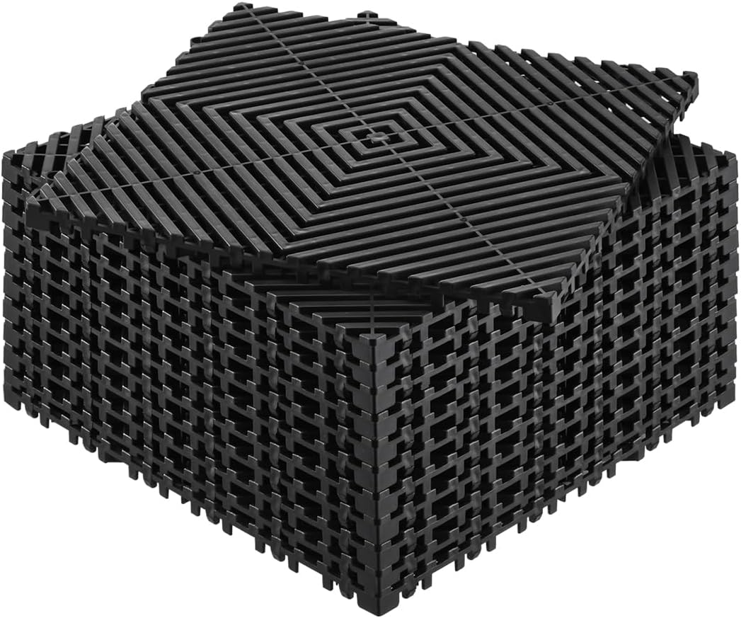 VEVOR Interlocking Drainage Mat, 12” x 12” Modular Interlocking Cushion, 12 Pcs Splicing Drainage Mats, Non-Slip Black PP Drainage Floor Tile and Shower Mat, for Garage, Garden, Kitchen & Outdoor