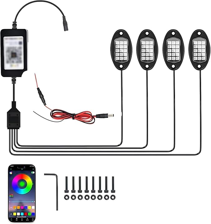WZP 4 Pods RGB LED Rock Lights, Multicolor Underglow LED Light Kit with APP Control & Music Mode, 12V Waterproof PVC Off Road Lights, Wheel Light for Truck SUV ATV UTV Golf Cart Pickup