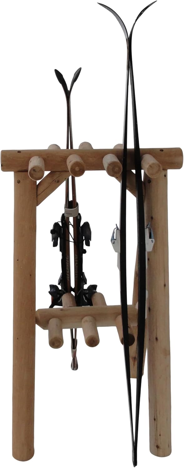 9-Place Freestanding Log Ski Rack Holder, Indoor & Outdoor Snowboard Racks, Standing Storage, Garage Racks for Snow Skis & Poles, Snowboard Rack Garage Storage Organizer - Natural + 15" Anchor Kit