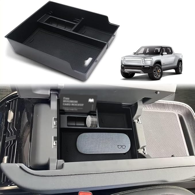 BestEvMod for Rivian R1T & Rivian R1S Accessories Center Console Organizer Tray Armrest Storage Box ABS Material with PVC Trim Compatible with Rivian R1T/R1S 2022 2023 2024 2025 Accessories(V2 Black)