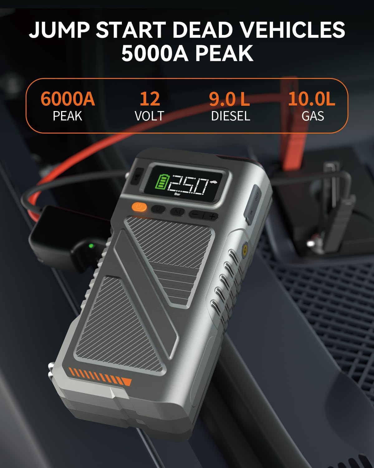 2025 Car Jump Starter with Air Compressor, Portable 6000A 150PSI Car Battery Jump Pack with Digital Tire Inflator for 10L Gas/9L Diesel,12V Power Jump Box