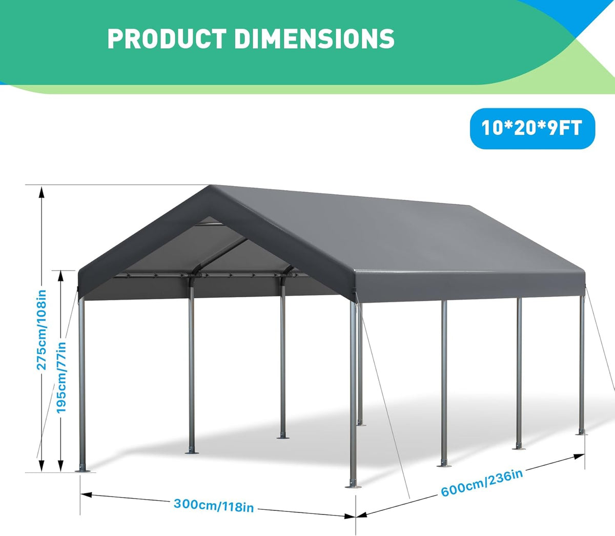 10X20 Ft Heavy Duty Carport Canopy, Portable Garage, Car Tents, Easy to Assemble, Reinforced Structure, with Hanging Edge, Applicable to Car, Bike, Boat, Party (Gray)