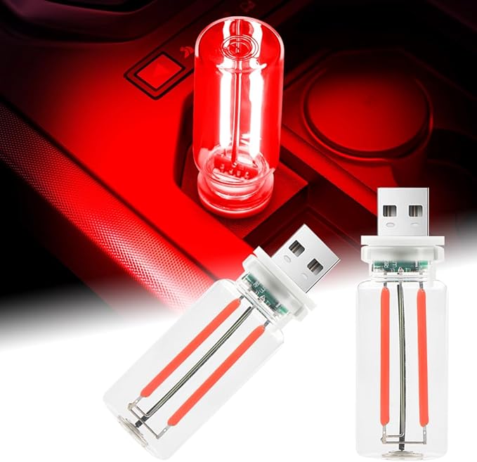 2Pcs Car USB Night Light, Touch Adjustment LED Ambient Lighting Plug in USB Automotive Night Lamps, Mini LED Bulb for Car, Camping, Holiday, Decoration, Bedroom, Party(Red)