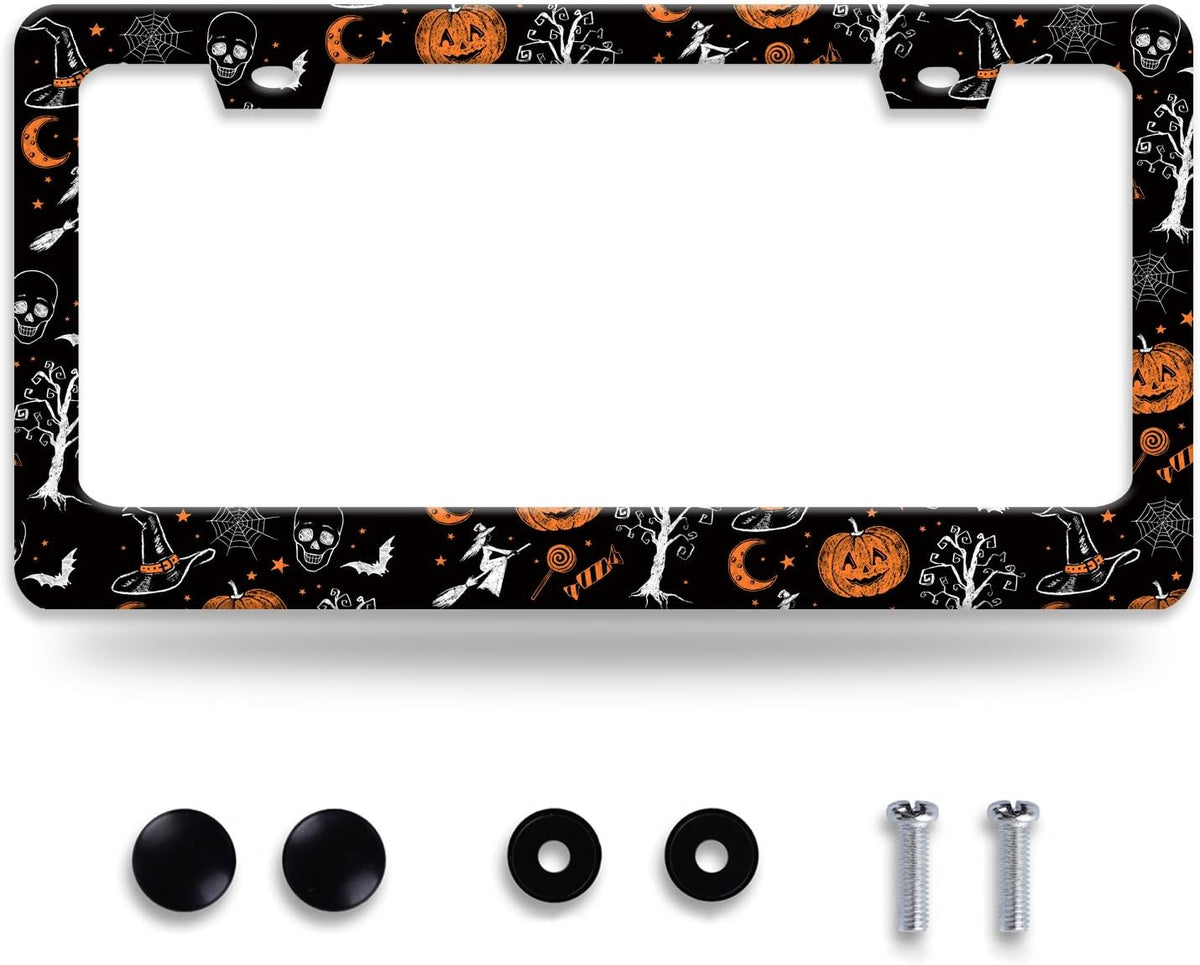 Pumpkin Witch Gothic License Plate Frame Bat Spider Web License Plate Holder Funny Personalise Car Stainless Stee Decorative Parts for Standard Us Canada Vehicles 12x6 Inch for Women Men