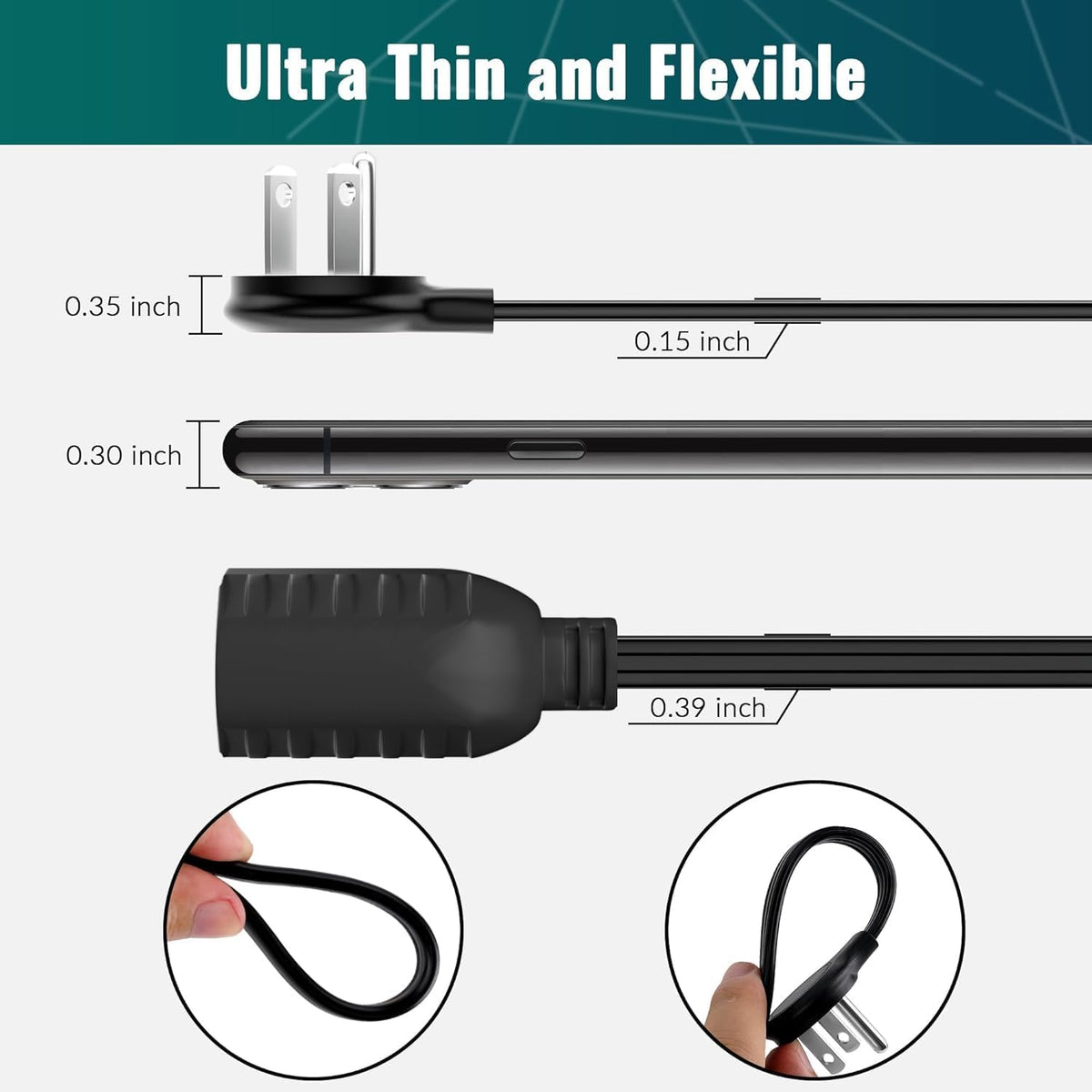 Elecan Flat Plug Extension Cord 2 Ft 2 Pack with Slim Space-Saving Plug Design, Thin Flat Cable Low Profile Power Cord 3 Prong Grounded Wire, 16 Gauge 13 A/125 V-Black-ETL Certified
