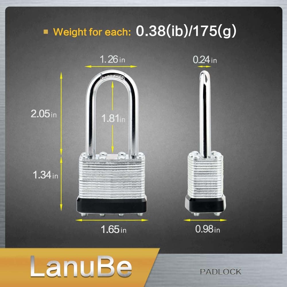 LanuBe Lock Laminated keyed Padlock (1-9/16", 40mm), keyed Alike Locks, Long Shackle,Marked Black Plastic Hoop, Pack of 60