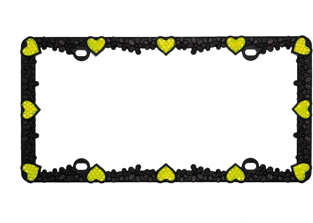 Creathome 3D Daisy Heart License Plate Frame from Pure Zinc Alloy Metal Perfect Plate Holder, Matt Black Daisy with Yellow Reflective Heart