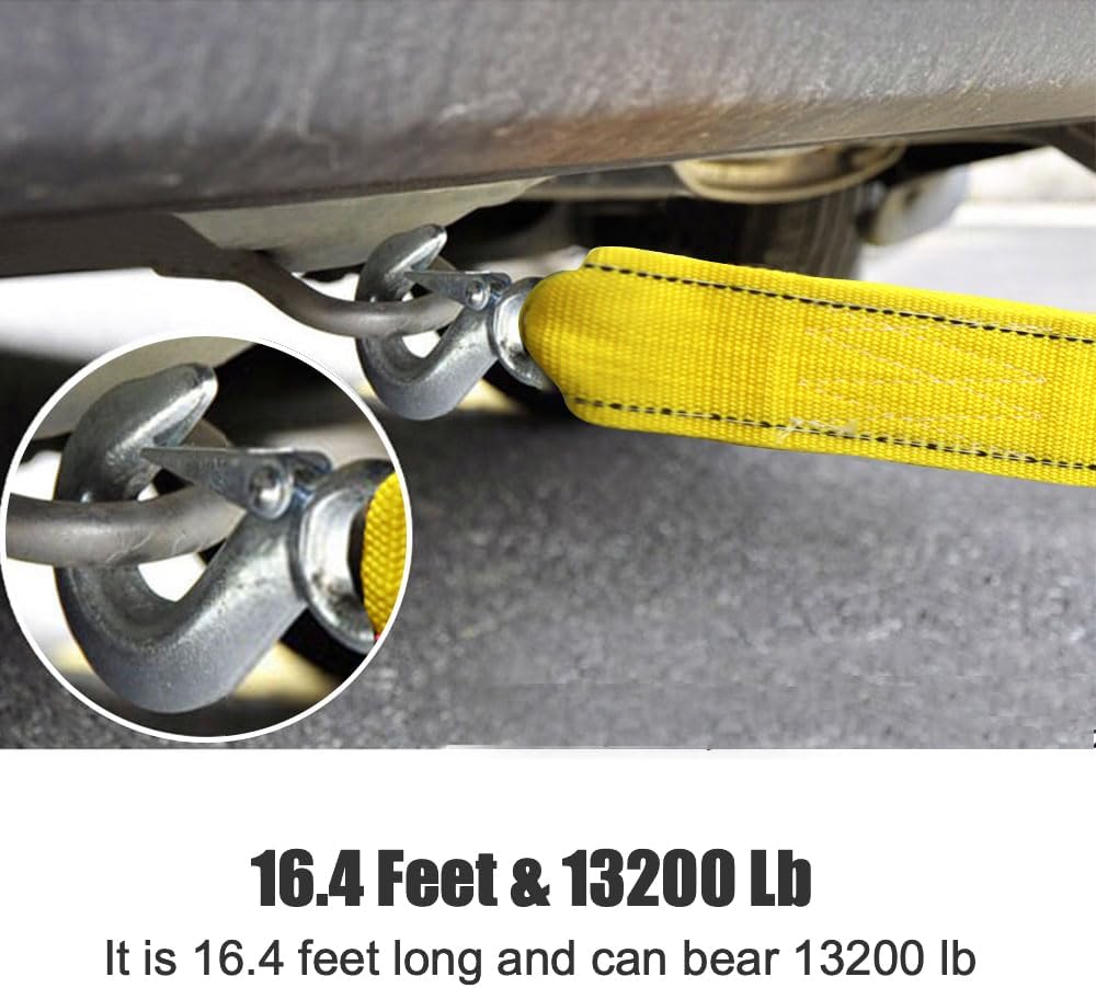 Heavy Duty Tow Strap with Safety Hooks | 2” x 16.4’ | 13200 LB Capacity, Tow Rope Yellow Shackle for Vehicle Recovery, Hauling, Stump Removal & Much More,Best Towing Accessory for Car