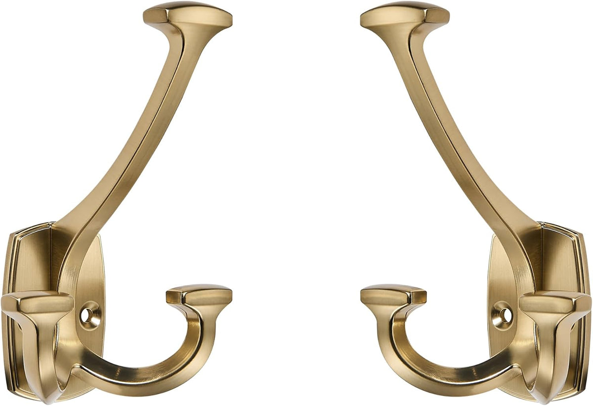 Large Wall Double-Sided Hook 5 Pack Champagne Brozne Hook Decorative Heavy Duty Solid Large Coat Hooks for Towel Hanging Coats Robe Towel Bags Door Back 2 Prong Hooks