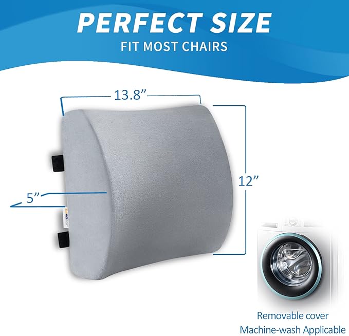 SAIREIDER Lumbar Pillow, Memory Foam Office Chair Back Support Pillows Back Pain Relief Improve Posture, Lumbar Support Pillow for Car、Gaming Chair、 Home Chair, Double Adjustable Straps(Grey)