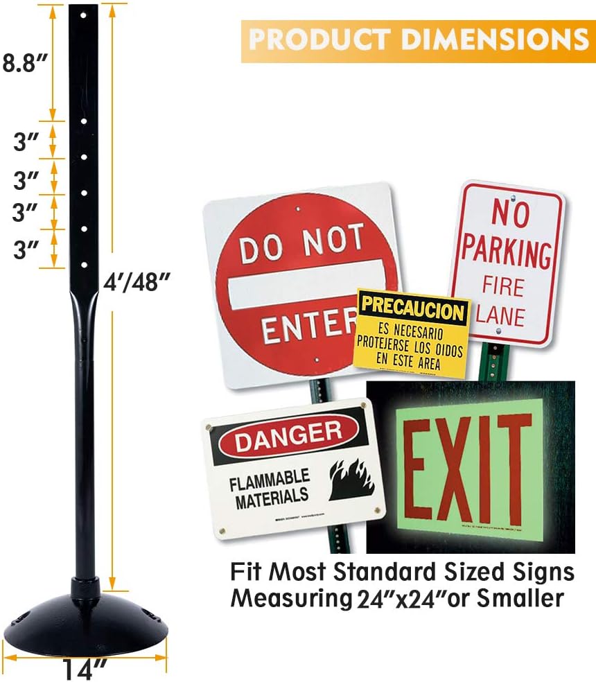 Heavy Duty Cast Iron Sign Post and Base Kit - 14" DIA Stand with 48" Post and Bolts & Nuts for Hanging Signs, Portable Sign Holder for Parking and Recreational Use