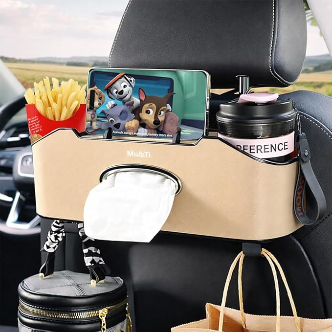 Mu&Ti Back Seat Car Organizer,4+2 in 1 Multifunctional Car Back Seat Storage Box with 2 Cup Holders, Tissue Box and Hook - Ideal for Kids and Travel(Beige)