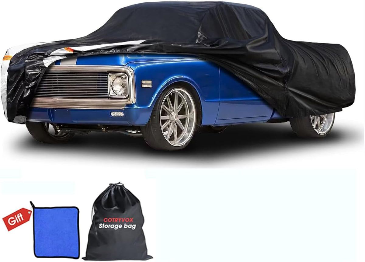C10 Truck Cover Custom Fit 1960-2002 Standard/Extended/Crew Cab SB (6.5'-6.6') with Door Zipper, 12 Layers Outdoor Pickup Truck Cover Waterproof All Weather, for Wind Dust Rain UV Protector.