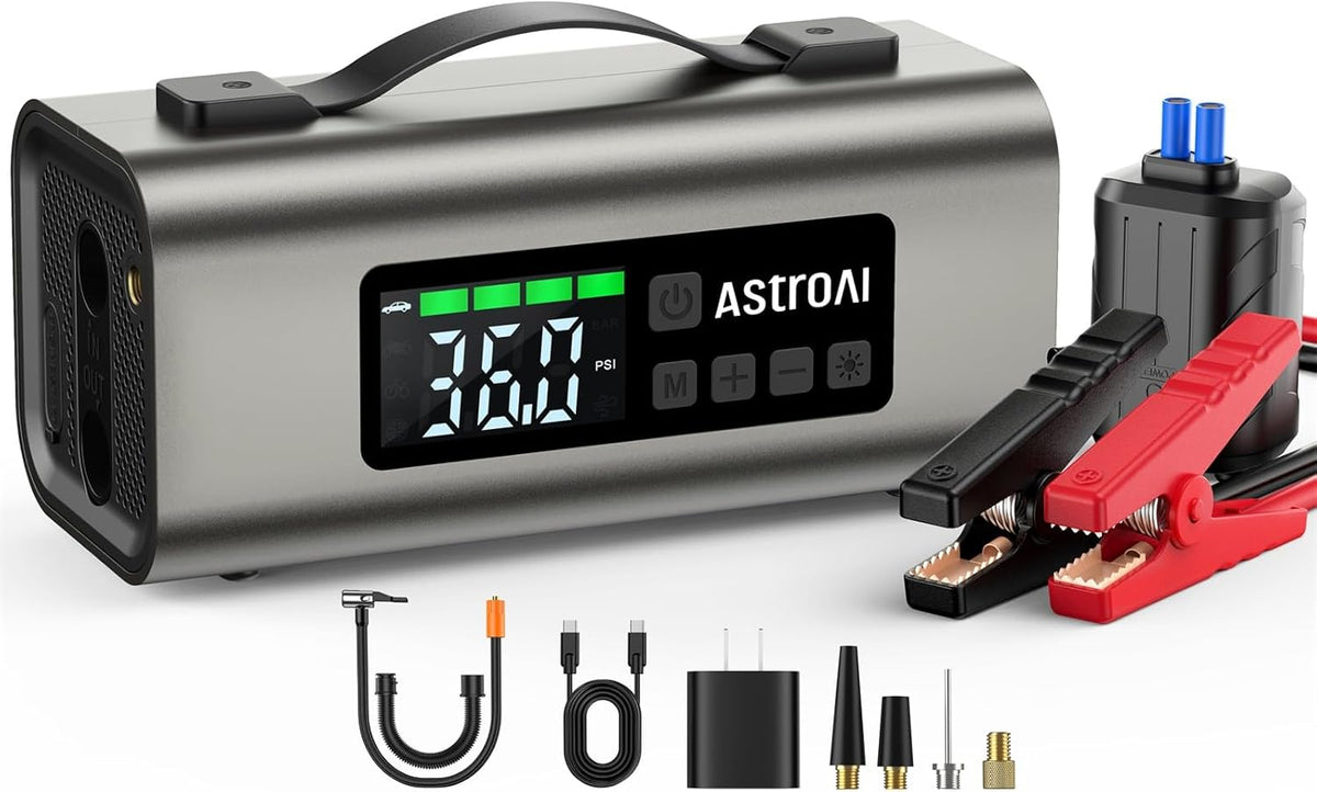 AstroAI Portable Car Battery Jump Starter with Air Compressor 2500A 150PSI 30W Quick Charger, 14800mAh Jump Box (7.5L Gas & 5.0L Diesel) 12V Jump Box with Booster, LED Light, Jumper Cables