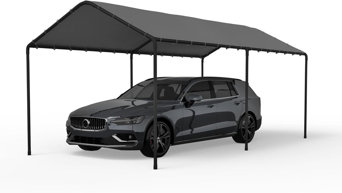 Carport, 10‘ x 20’ Heavy Duty Portable Garage All-Season Car Canopy w/Removable Sidewall & Doors, Carport Canopy Party Tent w/Water-Resistant Tarp for Backyard (Grey, 10' x 20' /no Side)