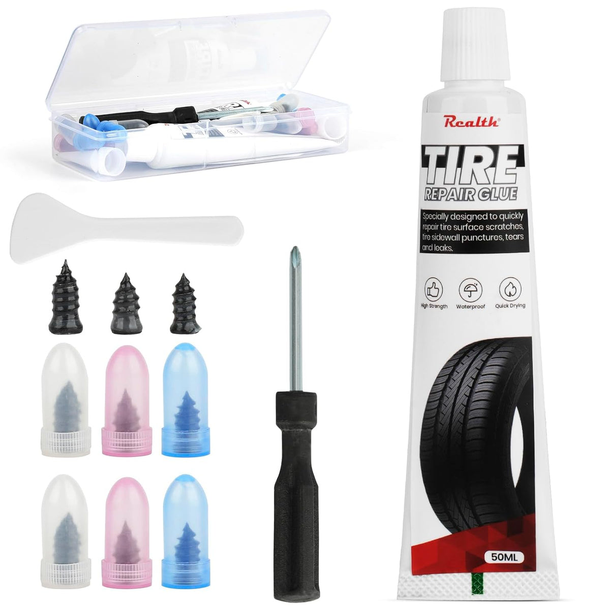 Tire Repair Glue 50ml, Rubber Cement Tire Repair, Tire Plug Glue, Tire Patch Glue Heavy Duty, Three Sizes Tire Repair Nail 9 Pcs, Sidewall Tire Repair Kit for Car, Motorcycle, Bike, Truck, Tractor