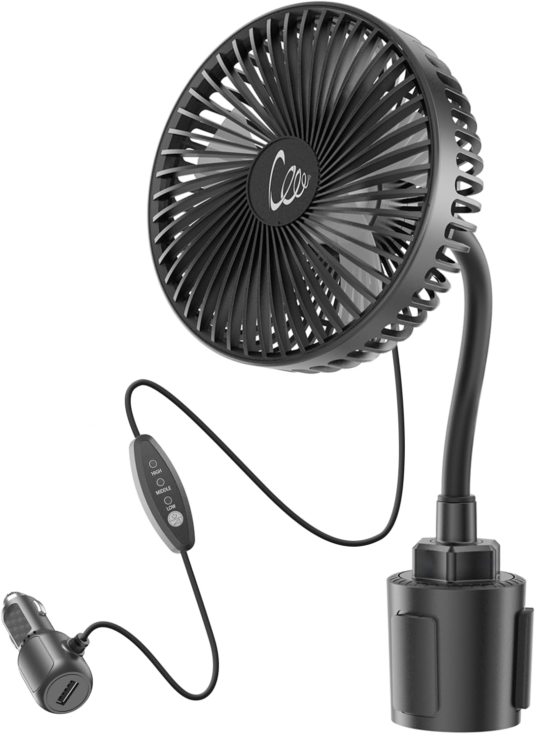 12V Car fan, 3-Speed Portable Vehicle Fan for Front Seat, Cigarette Lighter Powered with Car Charger, Mounted in Cup Holder, 360° Rotation, Car Necessities for Dog/SUV/RV/Truck/Van
