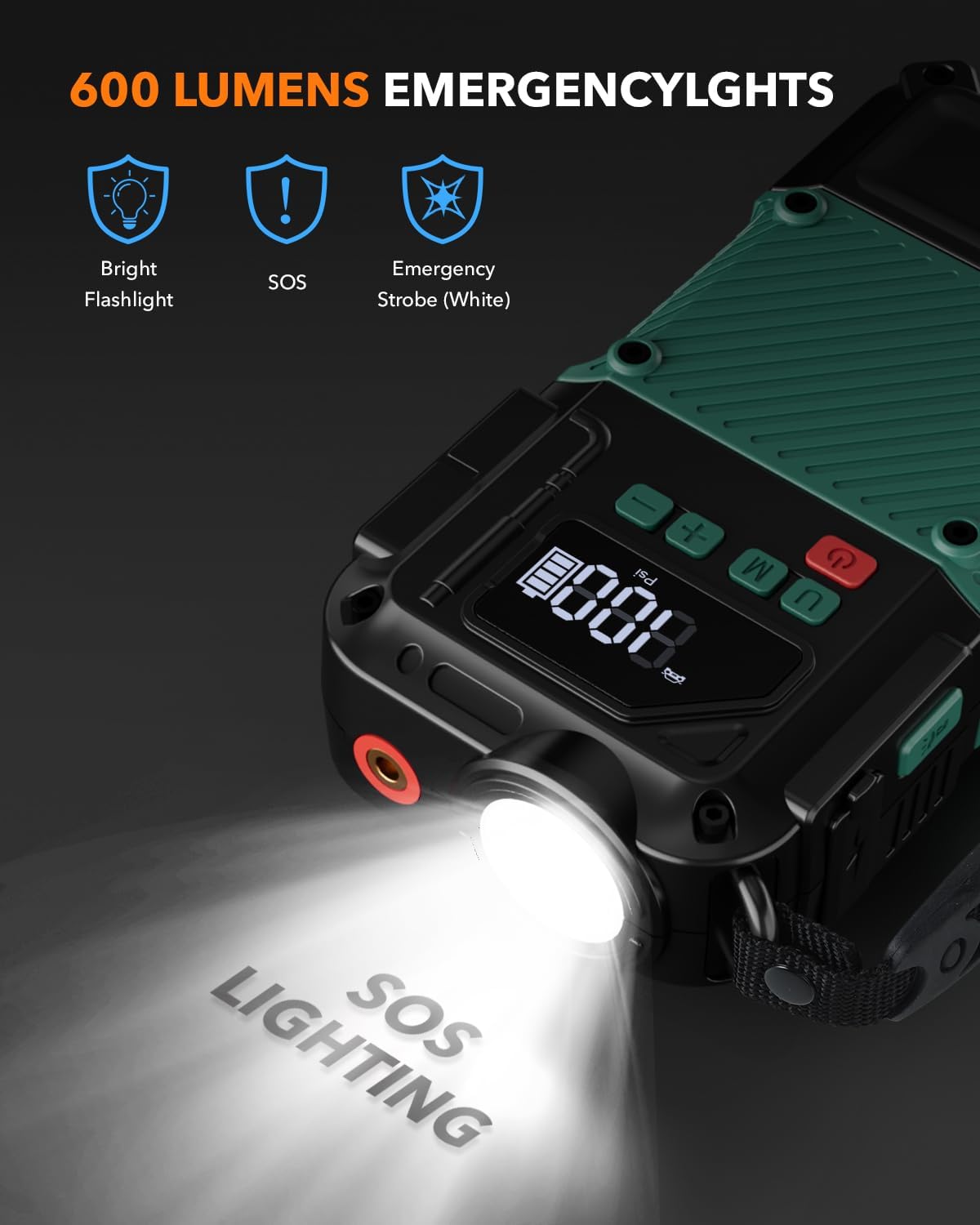 Portable Car Jump Starter with Air Compressor - 3000A/150PSI, 12V Portable Jump Box for 5.0L Diesel & 8.0L Gas, Compact Battery Jump Pack, Extended Smart Jumper Cables, USB Outputs, and Lights