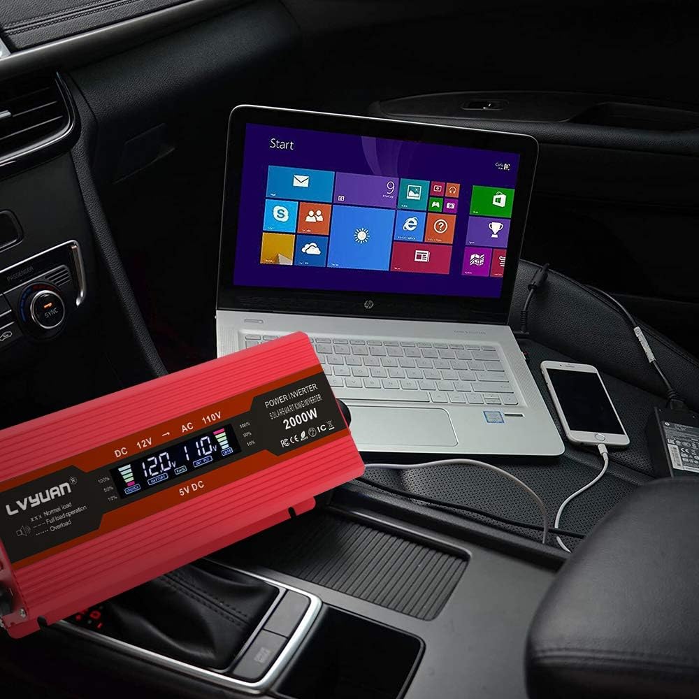 Power Inverter 1000W/2000W (Peak) Dual AC Outlets and Dual USB Charging Ports DC 12V to 110V AC Car Converter with Digital Display