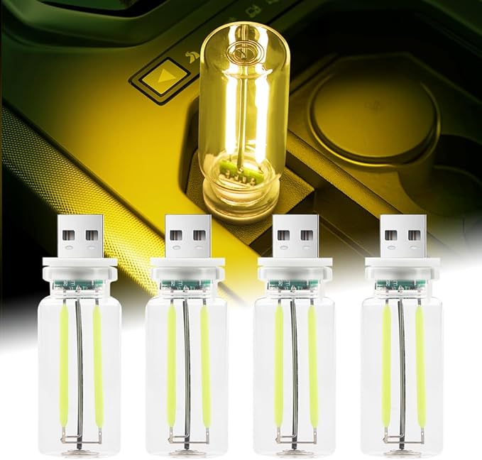 4Pcs Car USB Night Light, Touch Adjustment LED Ambient Lighting Plug in USB Automotive Night Lamps, Mini LED Bulb for Car, Camping, Holiday, Decoration, Bedroom, Party(Yellow)