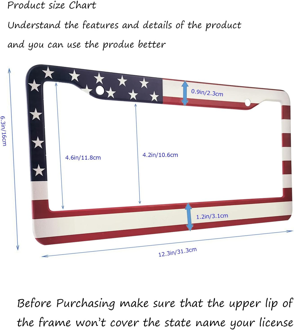 American Flag License Plate Frame,Patriotic License Plate Frame,Flag License Plate Frame US Car Tag Frames Holders Covers Stainless Aluminum 2 Pack 2 Holes Car Accessories