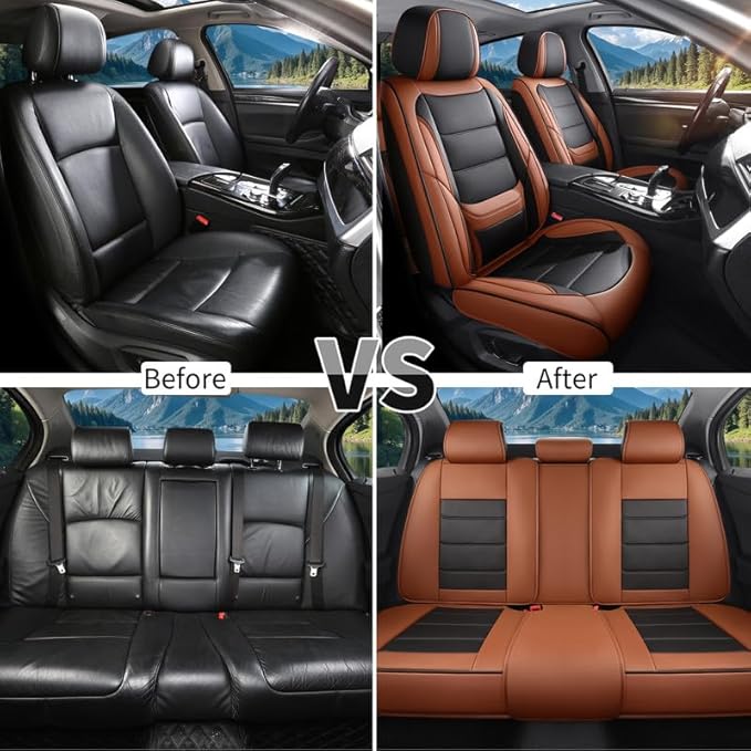 Car Seat Covers Full Set Custom Fit for Mercury Mountaineer 1997-2010-Luxury Leather with Lumbar Support, Breathable, Waterproof, Anti-Slip, Durable, Easy to Install (BlackBrown,Full Set)
