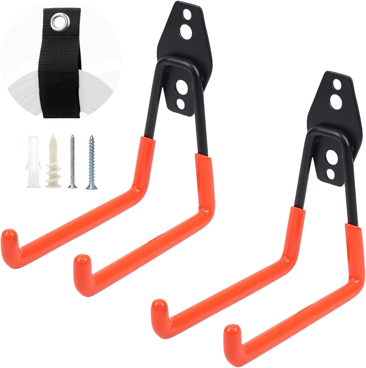 Heavy-Duty Garage Hooks -2 Pack Type medium J - Anti-Slip Coated Wall-Mounted Hooks Wall Mount Storage Organizer for Hanging Power and Garden Tools, Ladders, Hose, Bikes, Ropes, Bulk Items, and More