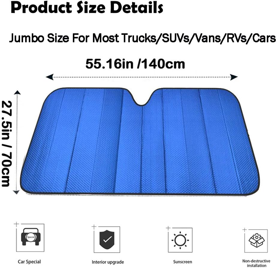 Windshield Sunshade Car Foldable UV Ray Reflector Auto Front Window Sun Shade Visor Shield Shade,Keeps Vehicle Cool - Blue (55" x 27.5")