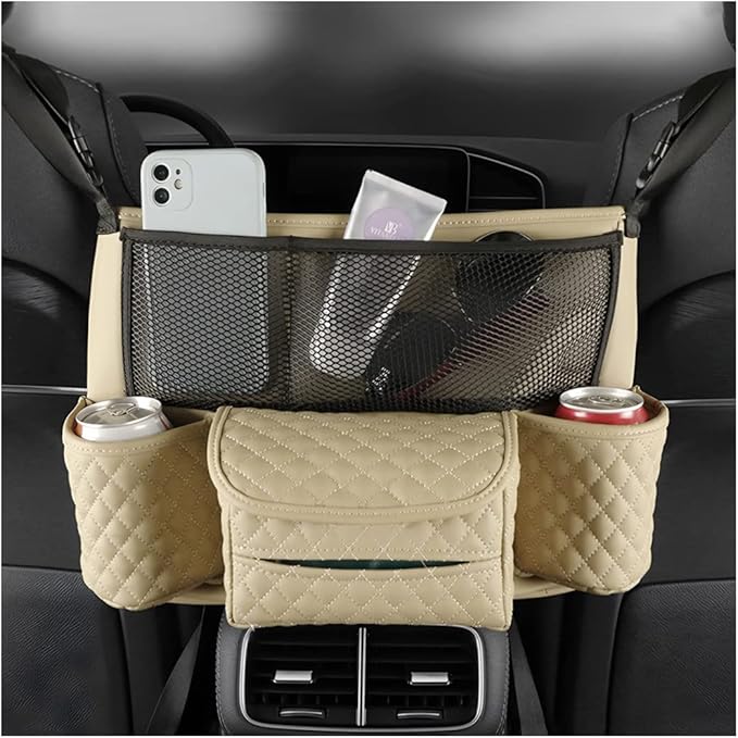 XINLIYA Car Handbag Holder Between Seats, PU Leather Multi-Pocket Large Capacity Purse Holder, Auto Net Bag Barrier of Backseat Pet Kids, Car Seat Organizers and Storage for Cargo Tissue Cup（Beige）